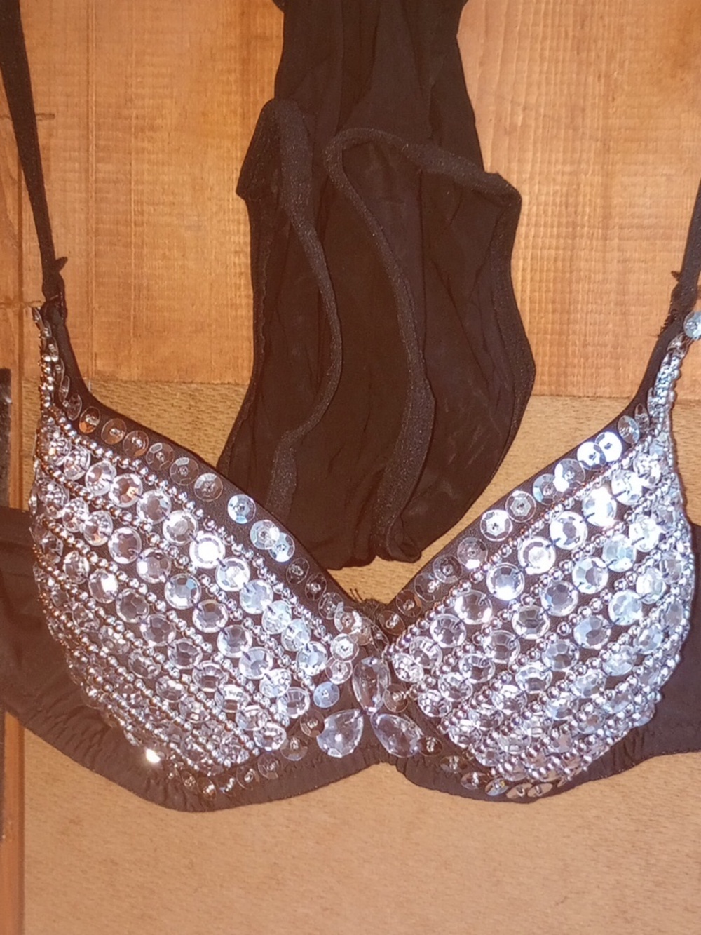 RHINESTONE BEADS SEQUINS  ENCRUSTED BRASSIER & STRETCH SEE- THRU BLACK PANTIES
